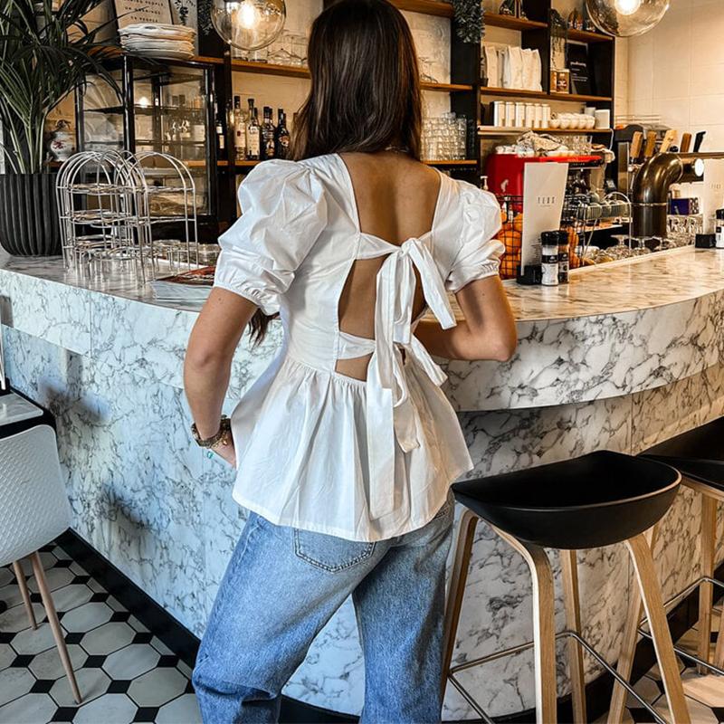 

Рубашка с коротким рукавом и открытой спиной, женская, повседневная, белая, со шнуровкой, свободная, большого размера, блузка с квадратным воротником и рукавами-фонариками, весна-лето M белый