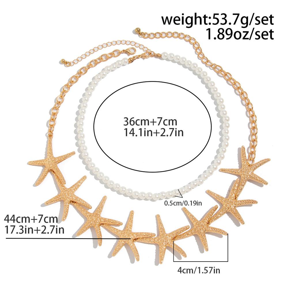 2Pcs/Set Boho Starfish Pendant Choker Necklace for Women Vintage Imitation Pearl Chain Summer Ocean Jewelry