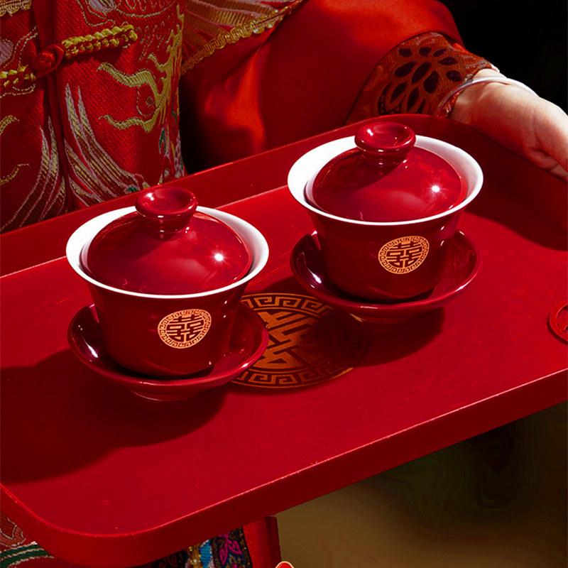 Wedding Ceremony Bowl Set: Tea Cup, Marriage Chopsticks, Toast Bowl, Bride's Dowry Utensils, Chinese Bowl, Chopsticks & Spoon Set