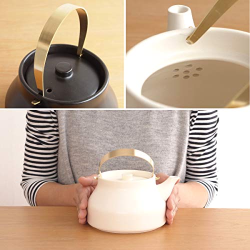 Kamoshika Douguten 1L Kettle, Gas and Microwave Safe, Made In Japan, Banko Ware Ceramic and Brass, for Direct Heat, Ceramic Kettle (White, Small)