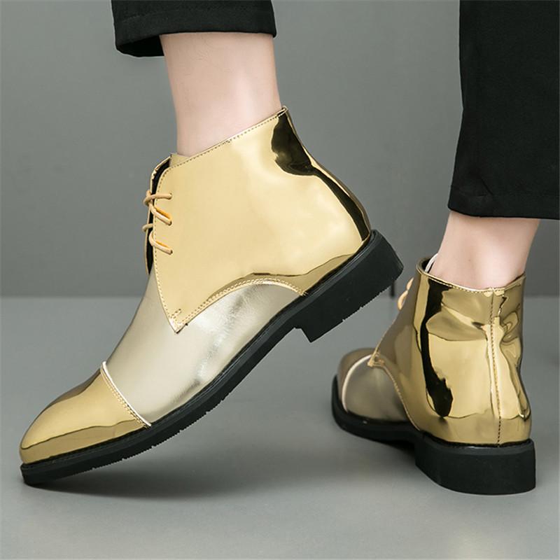 Projektant Nowy Męski Urok Złoty Patchwork Sukienka Skórzane Sznurowane Buty Dla Mężczyzn Luksusowy Dżentelmen Botki Do Kostki Ślubne Balowe Obuwie