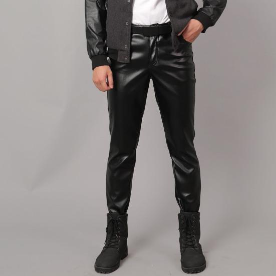 Men Faux Leather Pants Mid Waist Slim Fit Smooth Button Zipper Placket Solid Color Waterproof Hip Hop Style Streetwear Party Club Performance Trousers