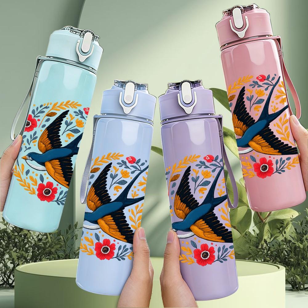 1PC Swallow Bird Floral Mandala 750ml Color Plastic Sports Water Bottle Leakproof Flip Straw Lid Suitable for Sports Office Home Use