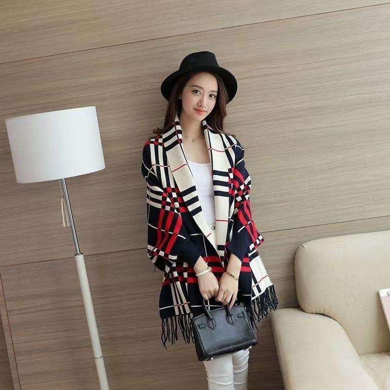 New Shawl Korean Trendy Sweater Women Spring Autumn Winter Knitted Bat Shaped Shirt Cloak Jacket Plaid Cardigan