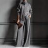 Women's High Neck Button Front Knit Sweater Top and Wide Leg Pants Lounge Set In Gray