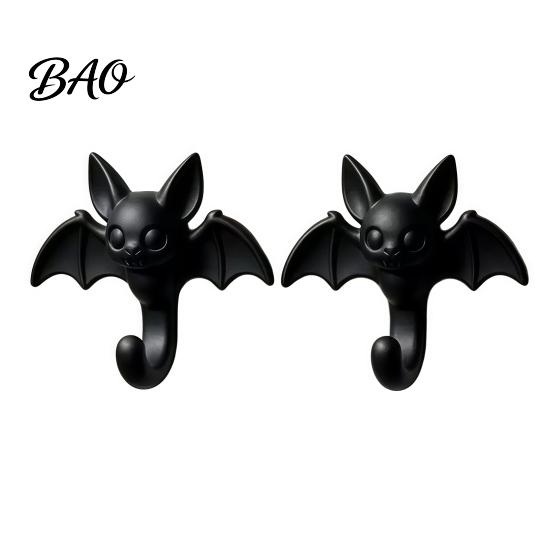 Small Space Storage Organizers 2Pcs 3D Printed Bat Hanging Hooks, Decorative Wall Hangers for Keys Hooks Kitchen Towels Bags, Adhesive Halloween Mount