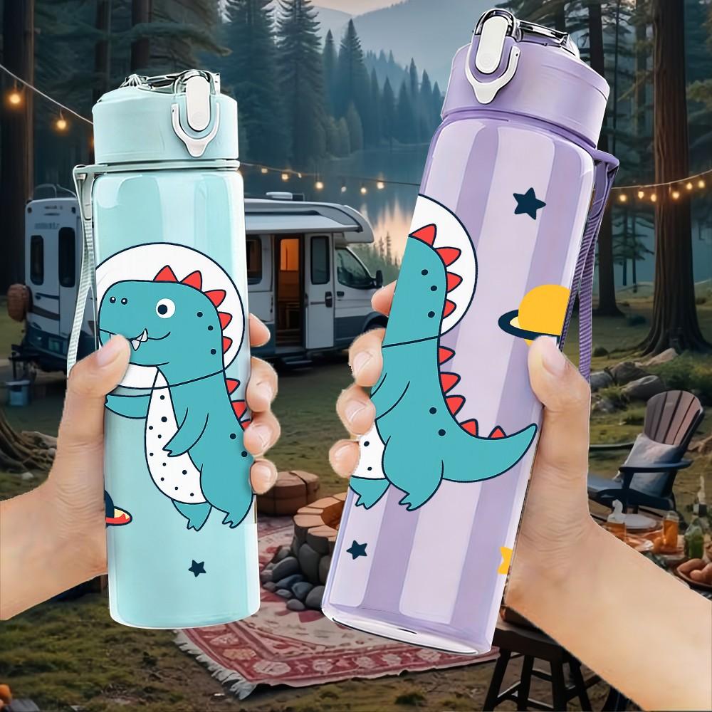 1PC Dinosaur Space Rocket Kid Pattern 750ml Color Plastic Sports Water Bottle Leakproof Flip Straw Lid Suitable for Sports Office Home Use