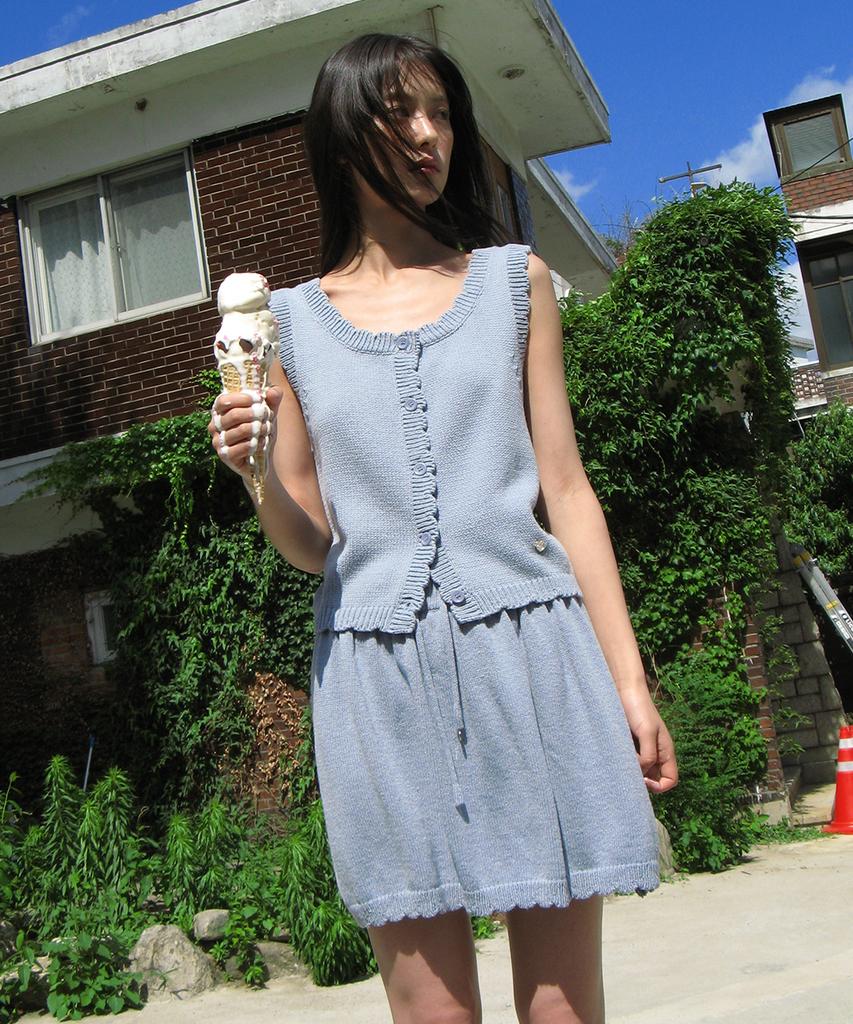 Ronron Scallop Trim Knit Mini Skirt Soft Blue