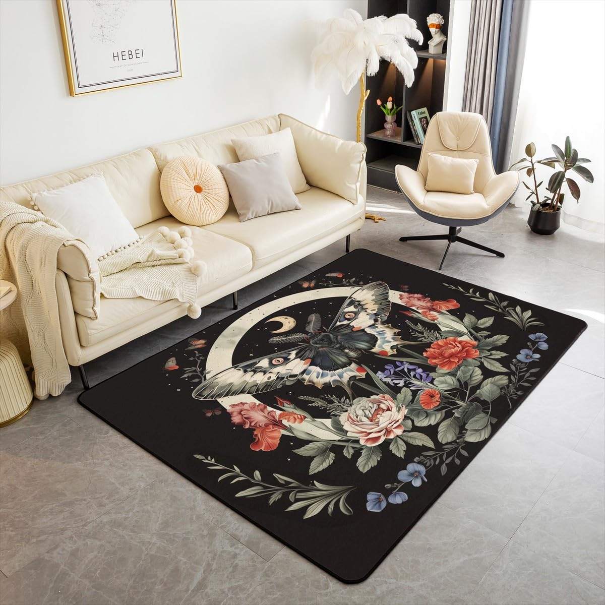 Erosebridal Moth Skull Moon Area Rug 4 11 x 3 3 Bohemian Stars Exotic Living Room Rugs Starry Sky Mysterious Decorative Carpet Black and W 160cm x 200cm