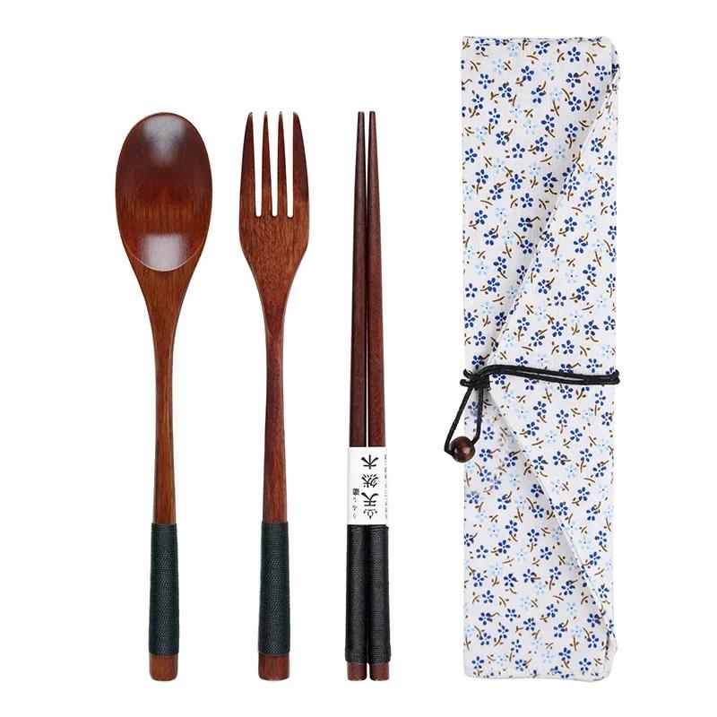 Wooden Spoon Fork Chopsticks Set Japanese Style Wood Cutlery Set Portable Outdoor Camping Picnic Tableware with Cotton Pouch
