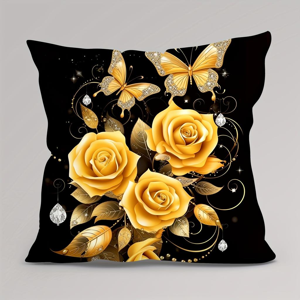 Golden Rose Butterfly Pattern Printed Pillowcase, Home Room Decoration, Soft and Comfortable, Sofa and Chair Cushion Cover