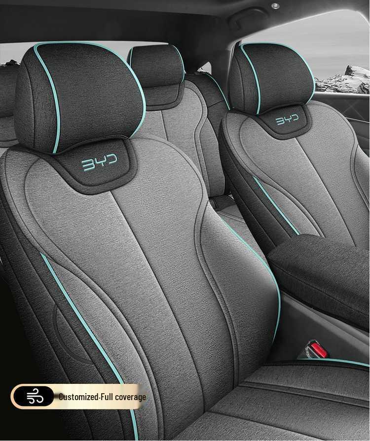 All-Season BYD Qin L Seat Covers: Breathable Linen with Perforated Leather, Fully Enclosed and Ventilated