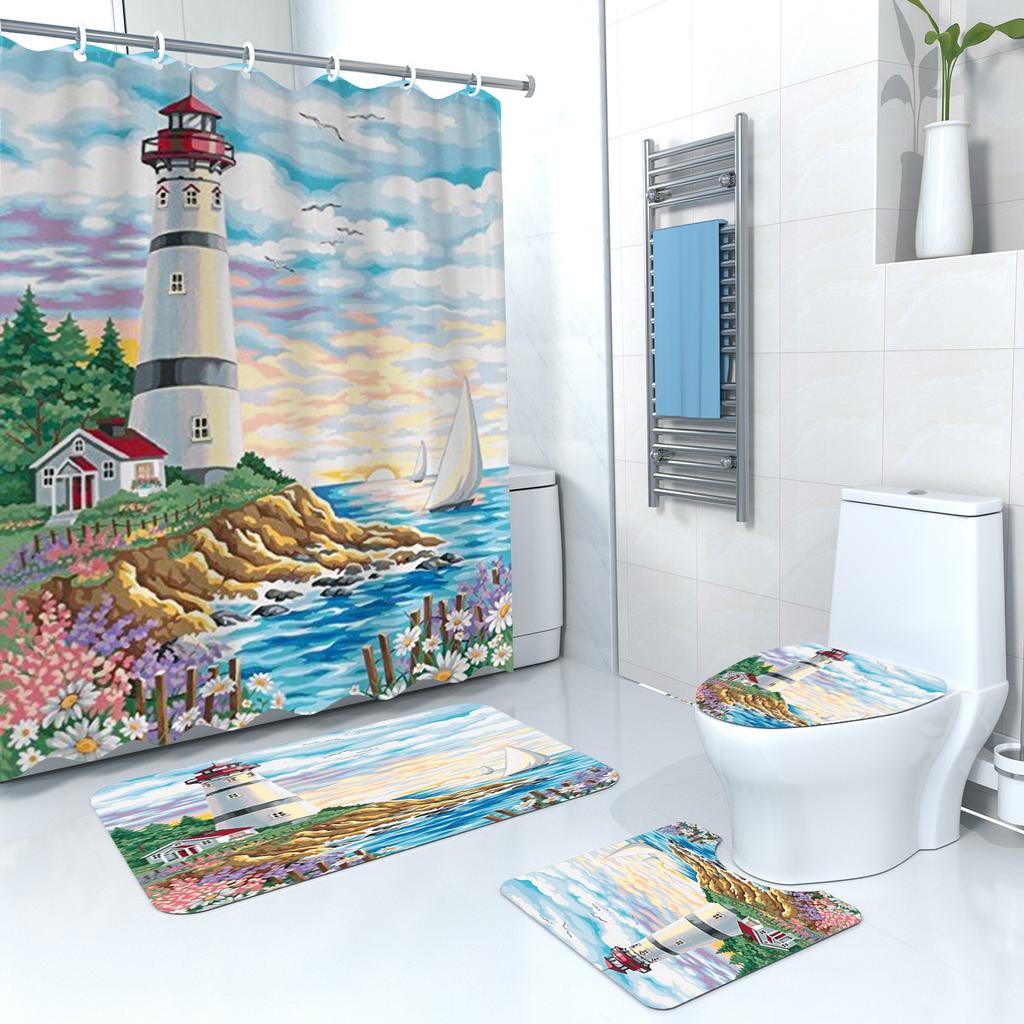 Shower Curtain Digital Printing Shower Curtain Lighthouse Landscape Polyester Bathroom Partition Curtain Bathroom Four-Piece Set