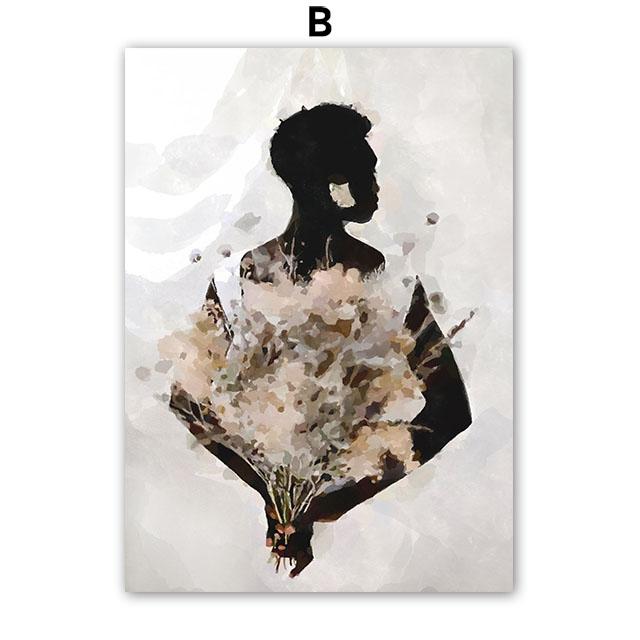Beautiful Black Girl Wall Art Flowers Door Watercolor Oil Painting Minimalist Nordic Poster Printing Wall Painting Living Room