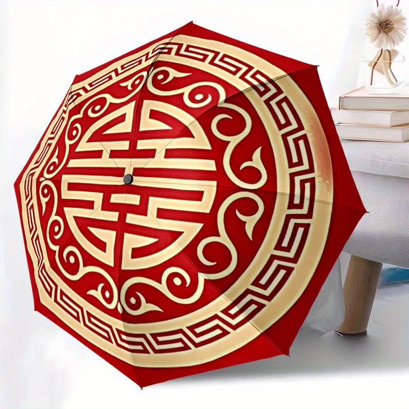 1pc Chinese style Automatic Open/Close Umbrella with Windproof, Functional Design, 8-Rib Sturdy Canopy
