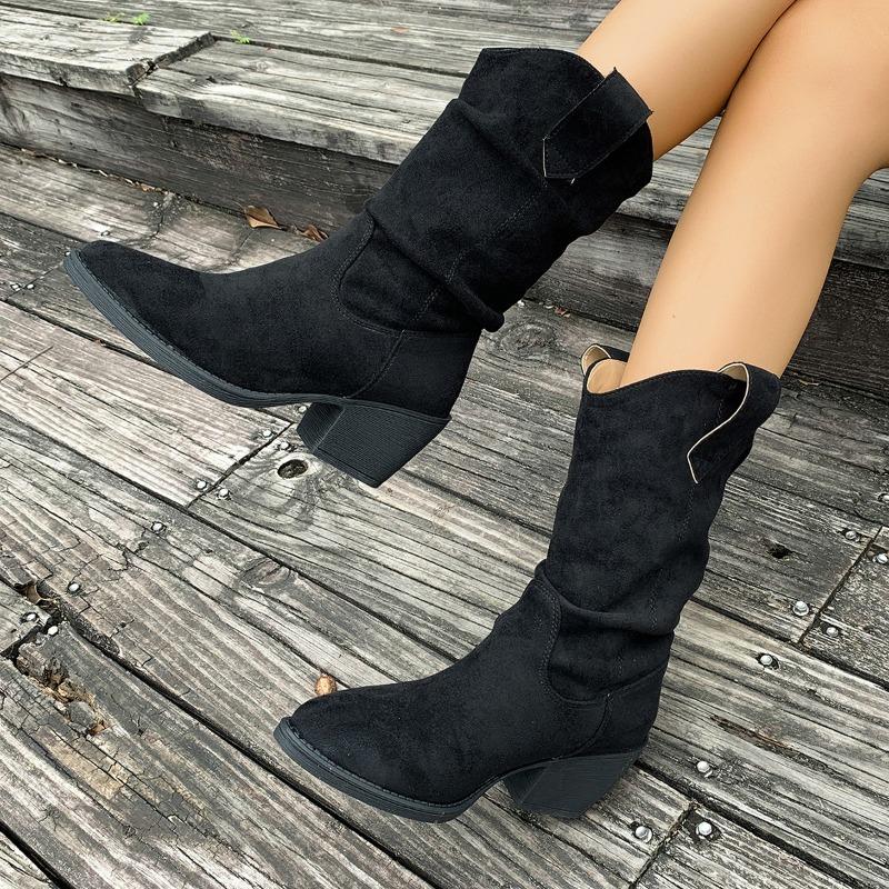 New Luxury Retro Brown Western Cowboy Long Boots Women's Fashion Mid-Calf Pointed Toe Boots Spring Autumn Winter Rubber Shoes