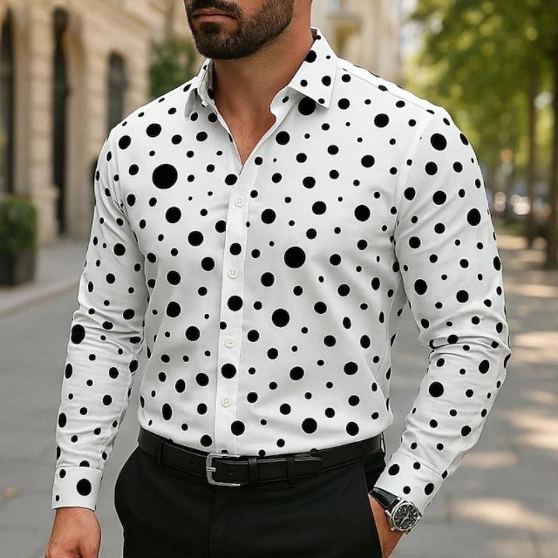 Men's Shirt with Polka Dot Print Long Sleeved Shirt, Outdoor Casual Style, Slim Fit Collar Shirt, Men's Casual Formal Top