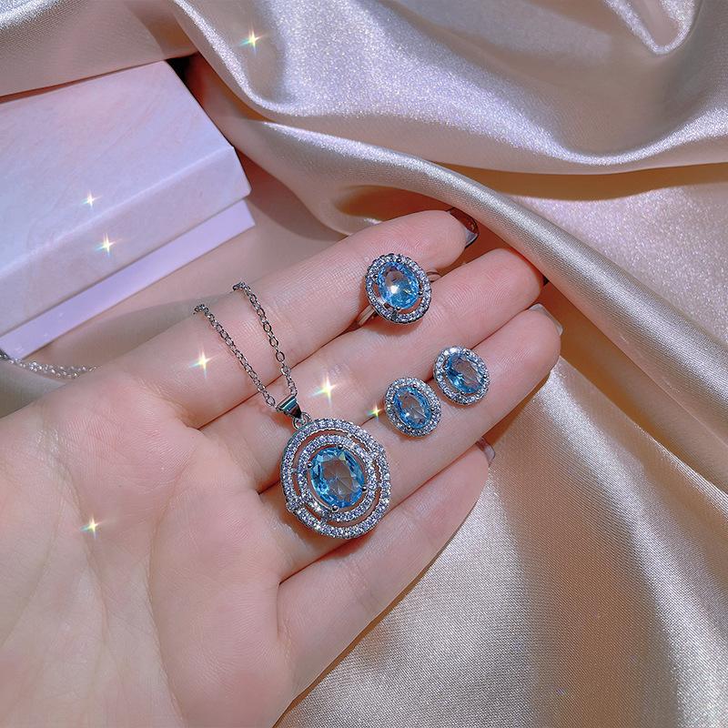 Luxury 3 Piece Sterling Silver Heart Cut Zircon Jewelry Engagement Ring Earrings Heart Pendant Women's Party Birthday Gift