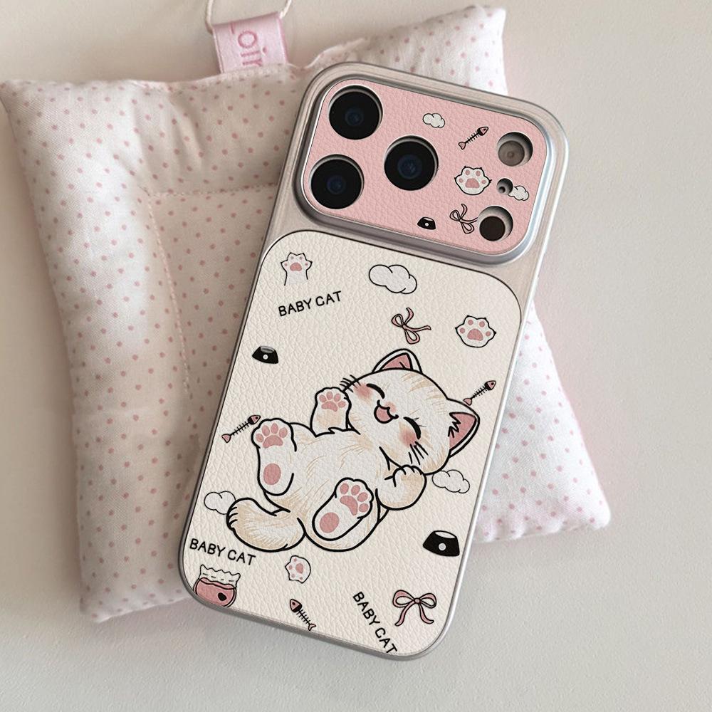 Applicable to Apple 17 cartoon play cat mobile phone case iPhone15promax all-inclusive 16 Pro fresh leather pattern