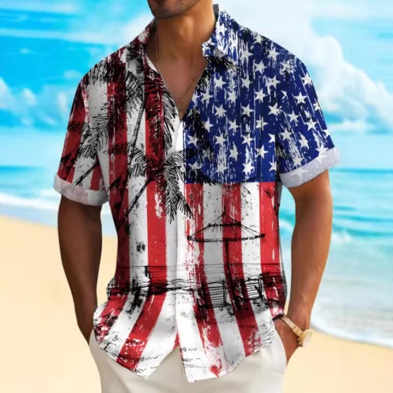 Mens Short Sleeve Casual Shirt Vintage Hawaiian Print Loose Fit Streetwear