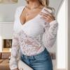 Body da Donna con Scollo Quadrato e Patchwork di Pizzo - Sexy Monopezzo a Manica Lunga