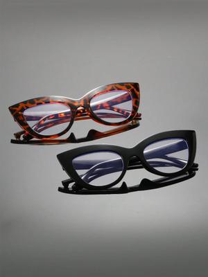 2Pcs Retro Fashion Cat-Eye Frame Glasses Set Black + Tortoise Shell Frame Combination Transparent Lenses Suitable for Retro Outf