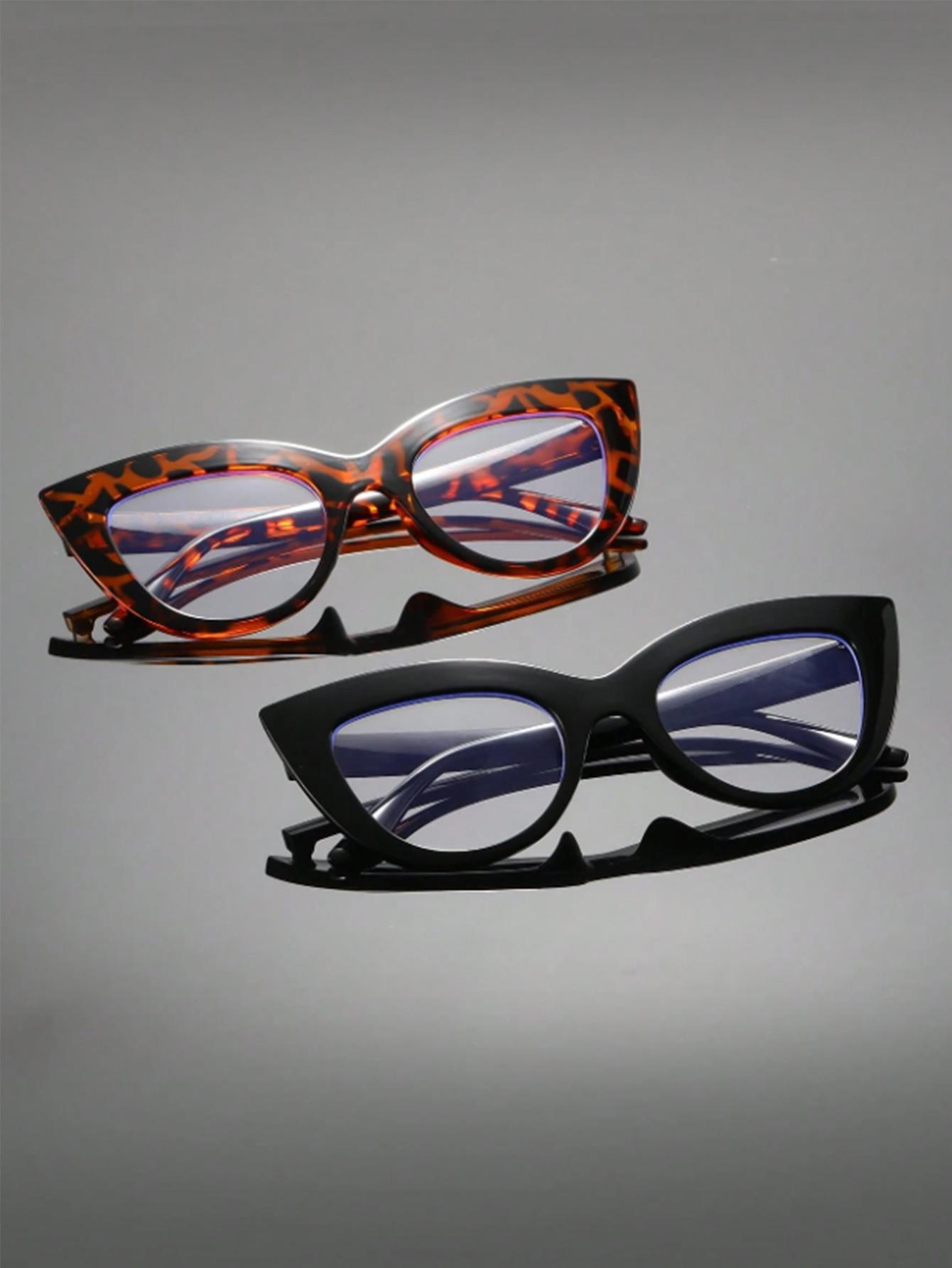 

2Pcs Retro Fashion Cat-Eye Frame Glasses Set Black + Tortoise Shell Frame Combination Transparent Lenses Suitable for Retro Outf