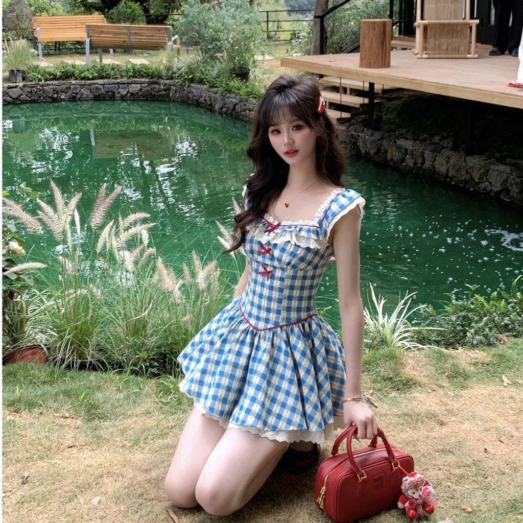 French Vintage Blue Plaid Short Dress With Bow Pattern For Summer Fashion Womens Casual Wear