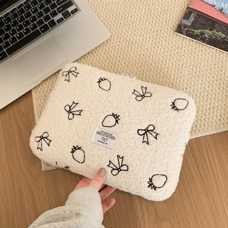 Plush Bow Strawberry Laptop Sleeve Case 13/14 Inch Notebook Bag For Macbook Air Pro Lenovo Hp 11 Inch Tablet Pouch For Ipad