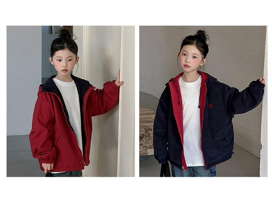 Girls' Korean Style Reversible Hooded Windbreaker: Trendy Spring/Autumn Jacket for Big Girls