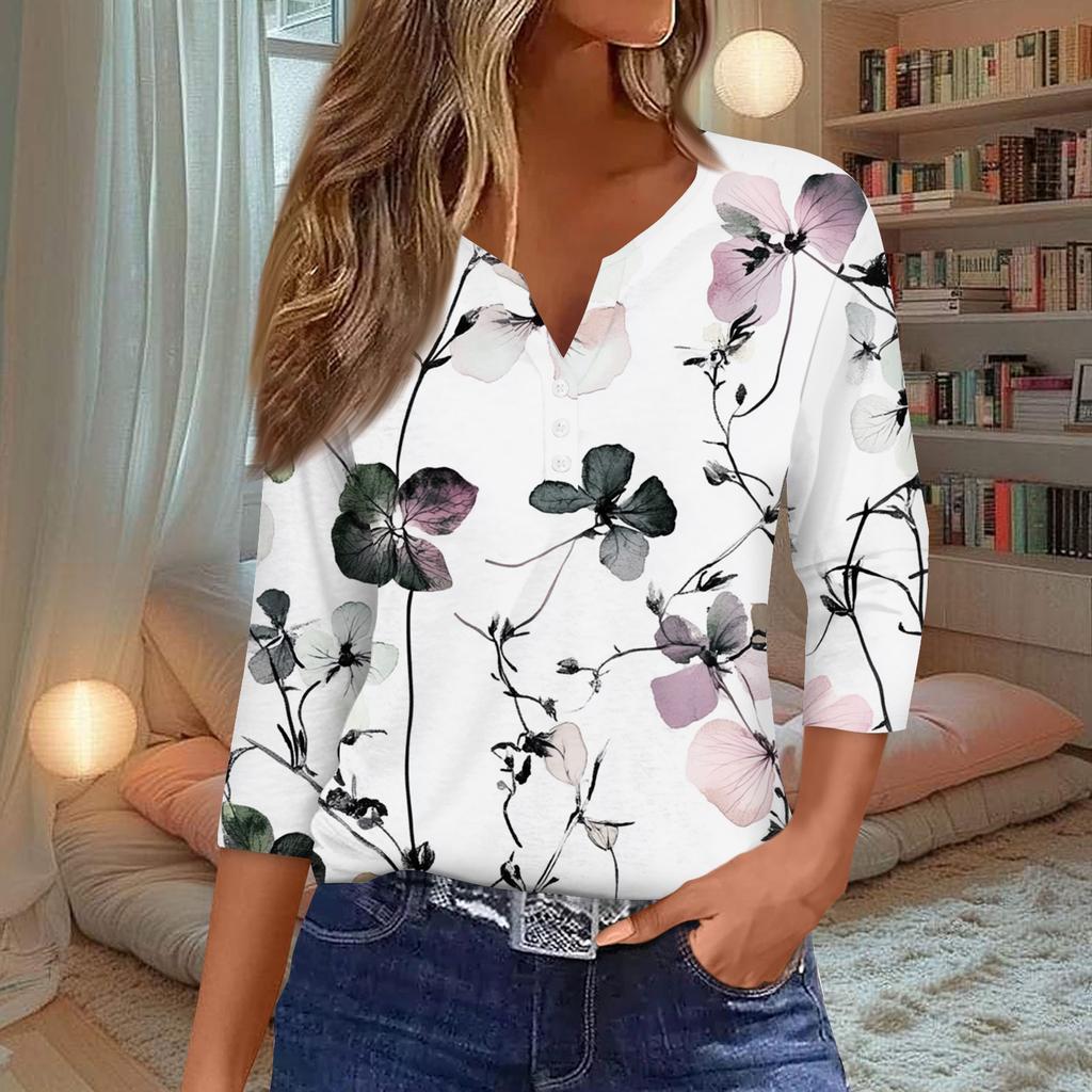 Damenmode Lässiges T-Shirt mit Blumendruck, V-Ausschnitt, dekorativen Knöpfen und Dreiviertelärmeln