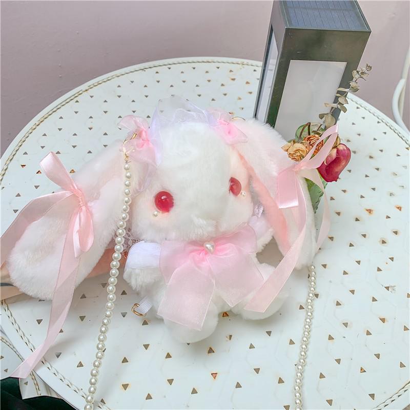 Lolita Plüsch Hasen Tasche mit Schleife, Perlenkette und Herz Design - Süße Girly Umhängetasche