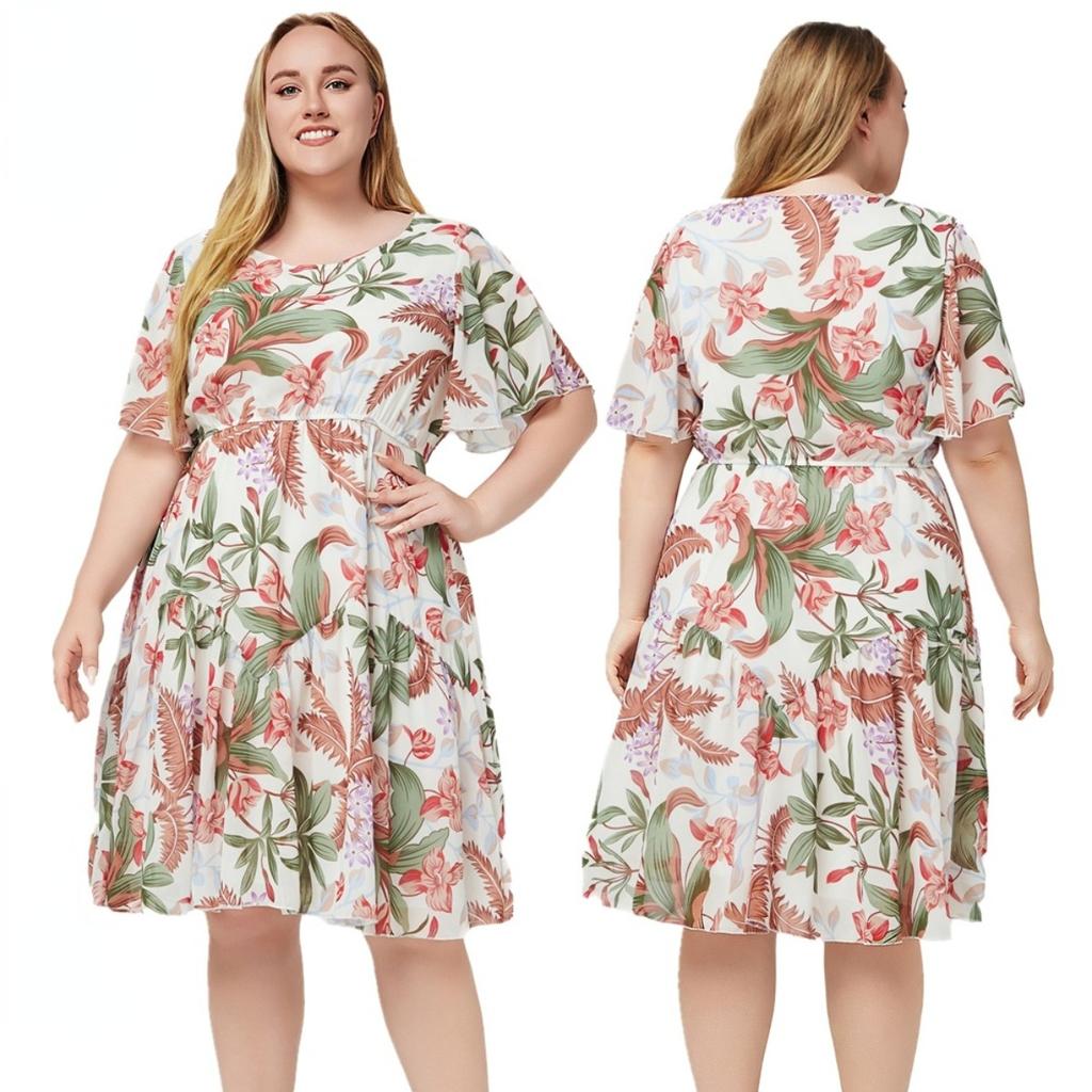 Floral Print Round Neck Short Sleeve Plus Size Dress for Curvy Women
