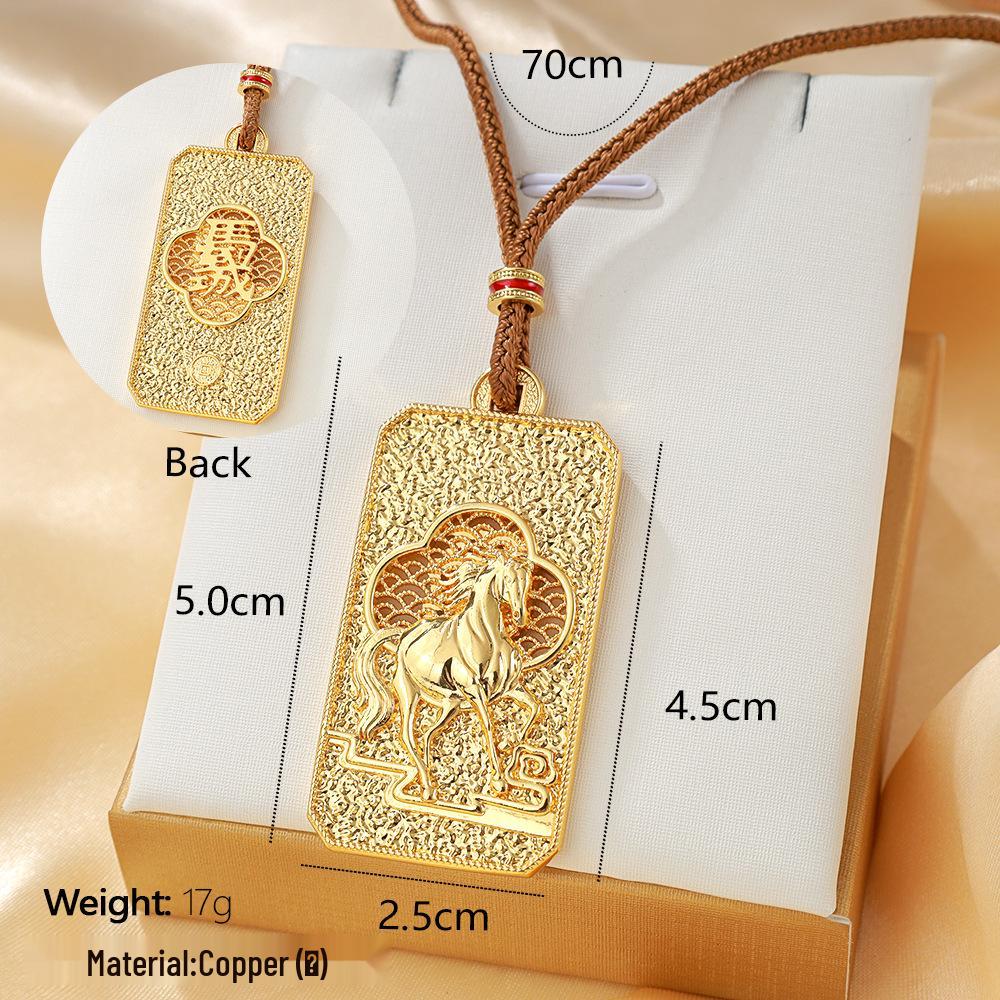 Gold Zodiac Horse Pendant - Auspicious Clouds Foal Unisex Square Accessory