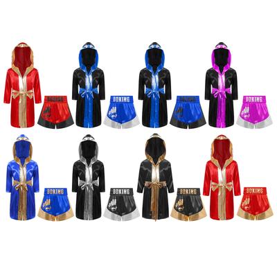 Bambini Ragazze Boxe Cosplay Outfit Manica Lunga Aperta Davanti Vestaglia di Raso Bordi Metallici Mantello con Cappuccio Pantaloncini con Cintura