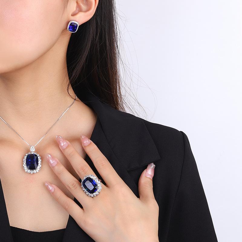 Jewelry Copper Bottom Gold-Plated Simulation Blue Spinel Women'S Suit Temperament Full Diamond Luxury Setting 15 * 20-10 * 12