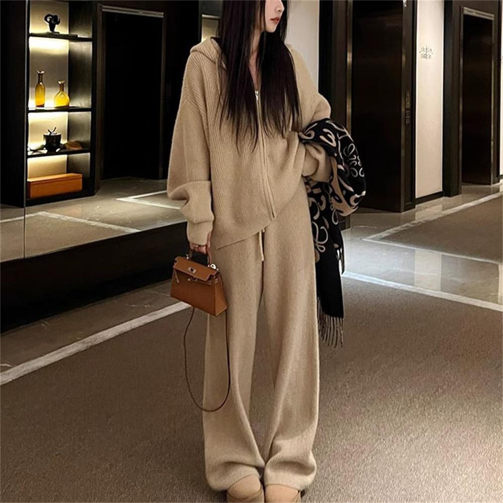 Lazy Style A Complete Set of Knitted Zipper Hooded Cardigan Suit Women's Autumn and Winter Casual Wide-leg Pants Two-piece Suit