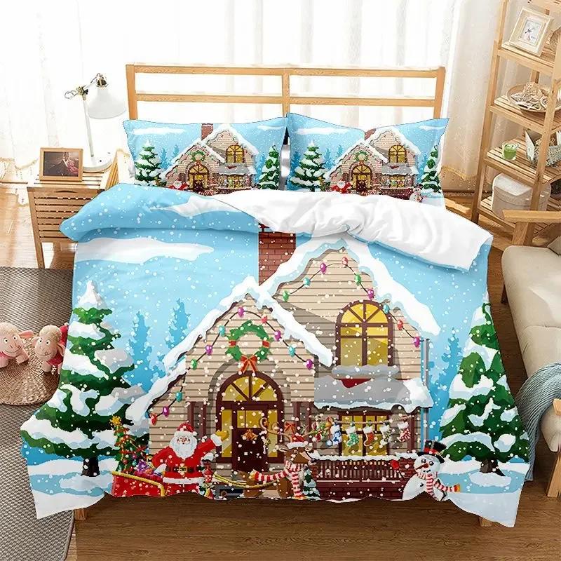 Comforter Christmas Snowflake Full Size Bedding Set Print Colorful Merry Christmas Gift Tree Microfiber Fabric 2/3Pcs Kids