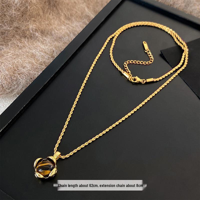 Han Luo 18K Gold-Plated Tiger Eye Necklace - Retro, High-End Clavicle Chain Accessory