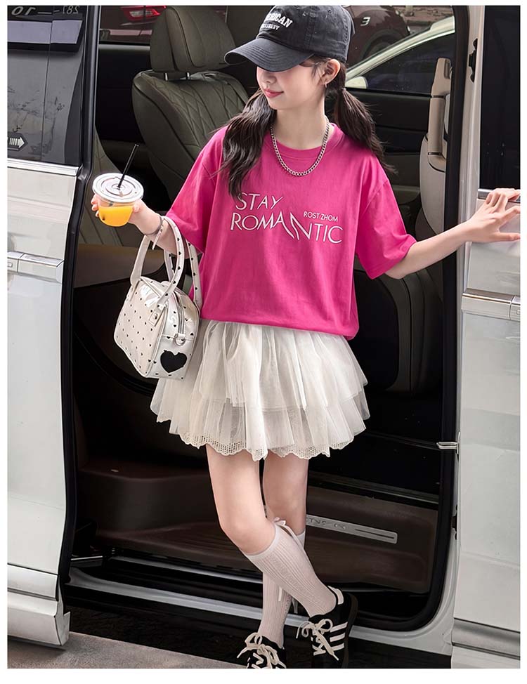 Girls' Short-Sleeved Set Summer 2026 New Item, Sweet and Fluffy Skirt for Big Children, Korean Style Outfit, Trendy and Fashionable Children's Trend