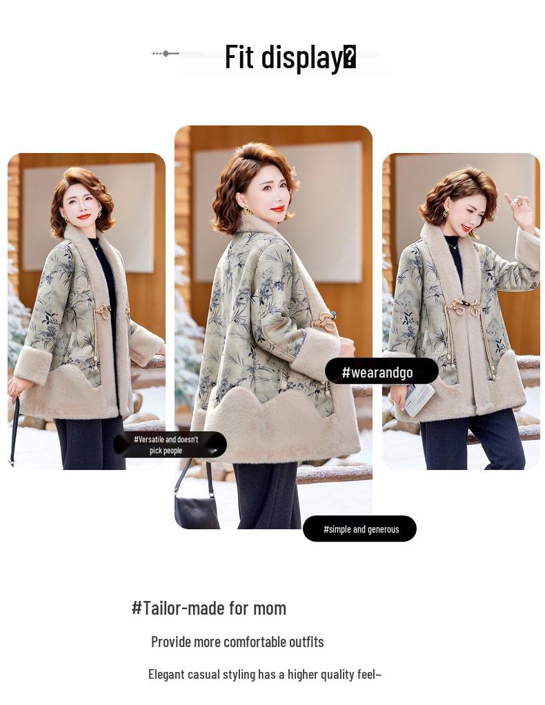 Mom's Winter Mink Fleece Mid-Length Coat: Warm, Thick Fur Coat for Middle-Aged & Elderly Women - National Style, Perfect for New Year.
