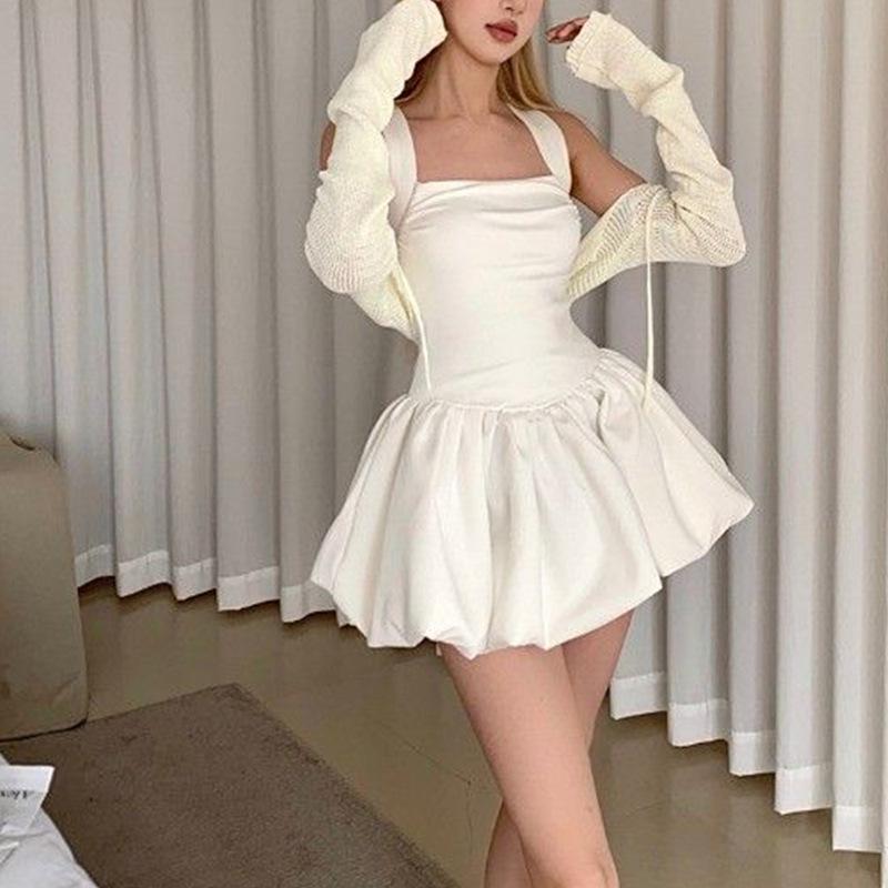 Women's White Summer Sling Dress: Slimming Waist & Puffy Skirt