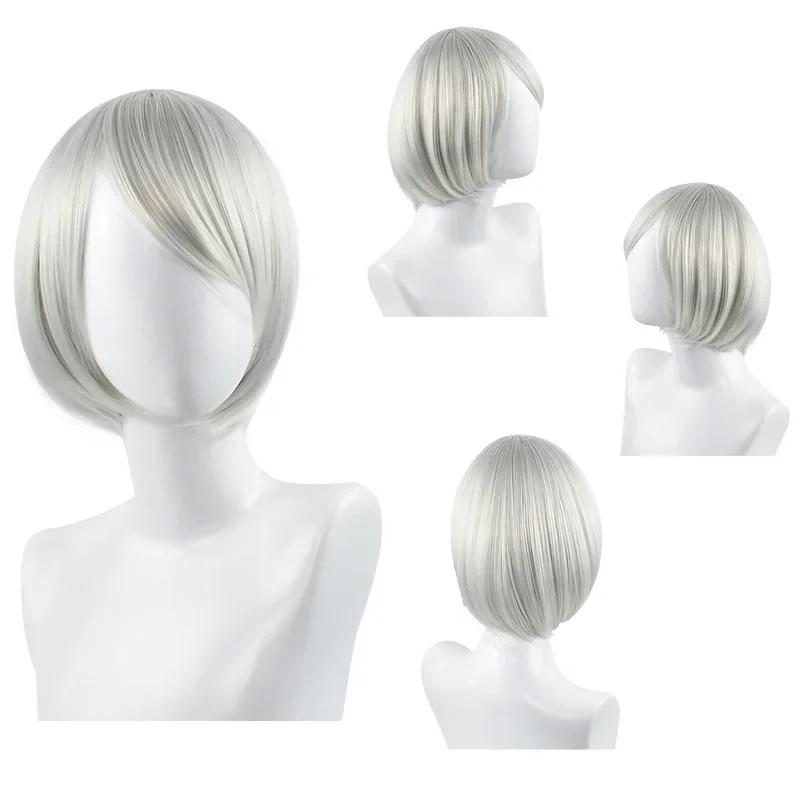 Leugnen: Automata 2B 9S Anime Cos Perücke Silber Grau Kurz Gerade Cosplay Synthetische Perücke YoRHa Nr. 9 Modell S Perücke