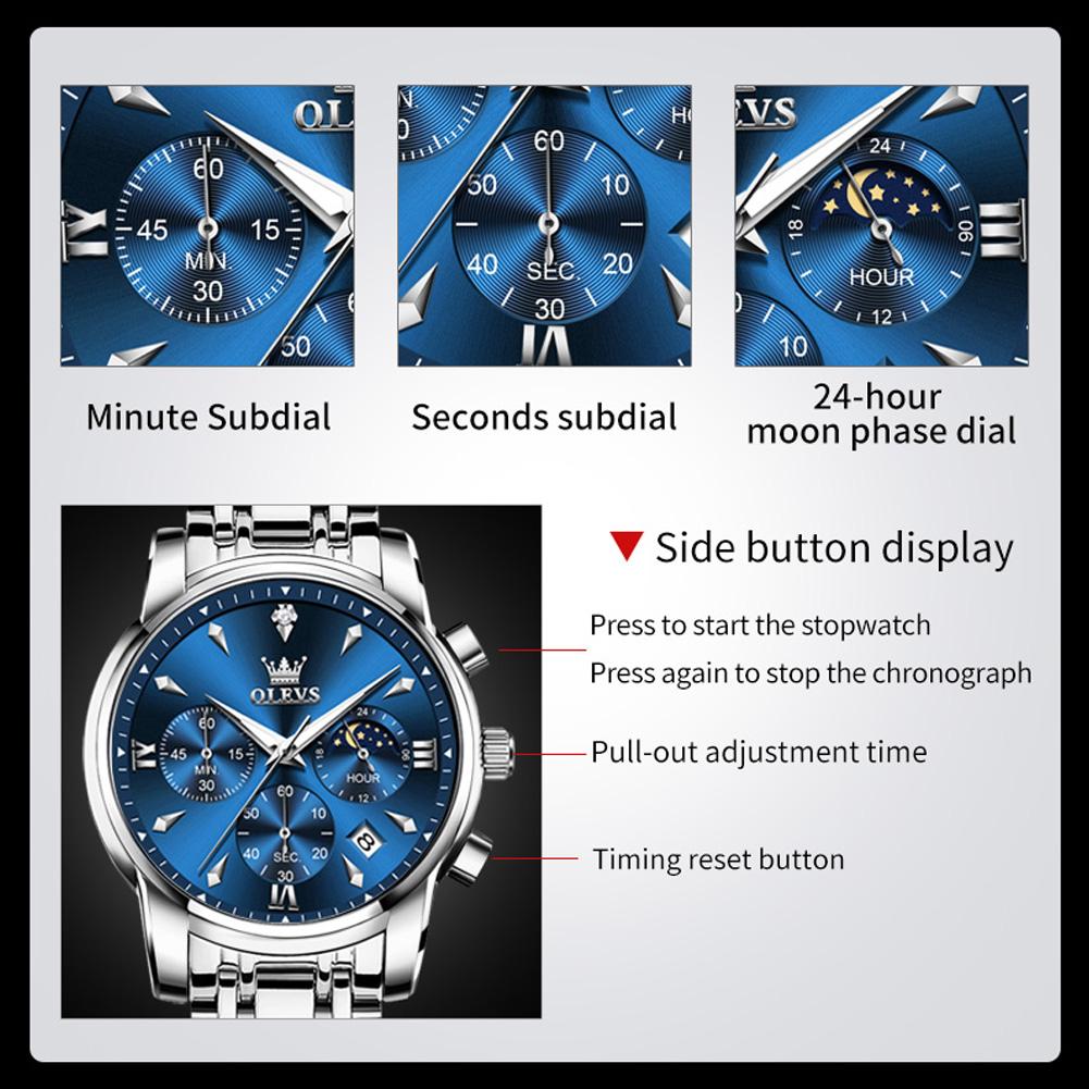 OLEVS Moon Phase Original Mens Watches Classic Three Eyes Waterproof Luminous Chronograph Quartz Wristwatch Brand Watch