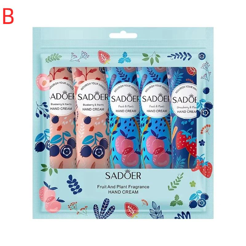 Sadoer 5Pcs/Set Fruit Plant Fragrance Hand Cream Sets Moisturizing Anti Dry Hand Lotion Sets Hands Skin Care Products