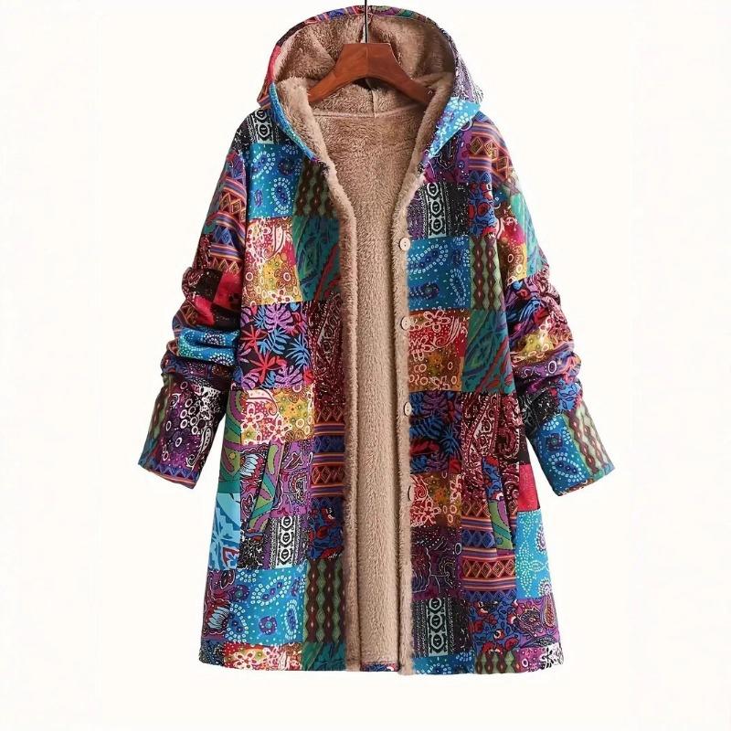 Autumn and winter printed retro loose hooded thermal top women's spring and autumn coat fleece slim fit