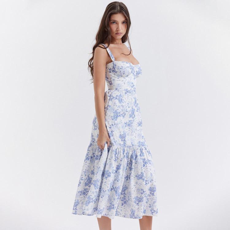 Summer Women Sleeveless Halter Square Neck Pleated Print Ankle Length Dress