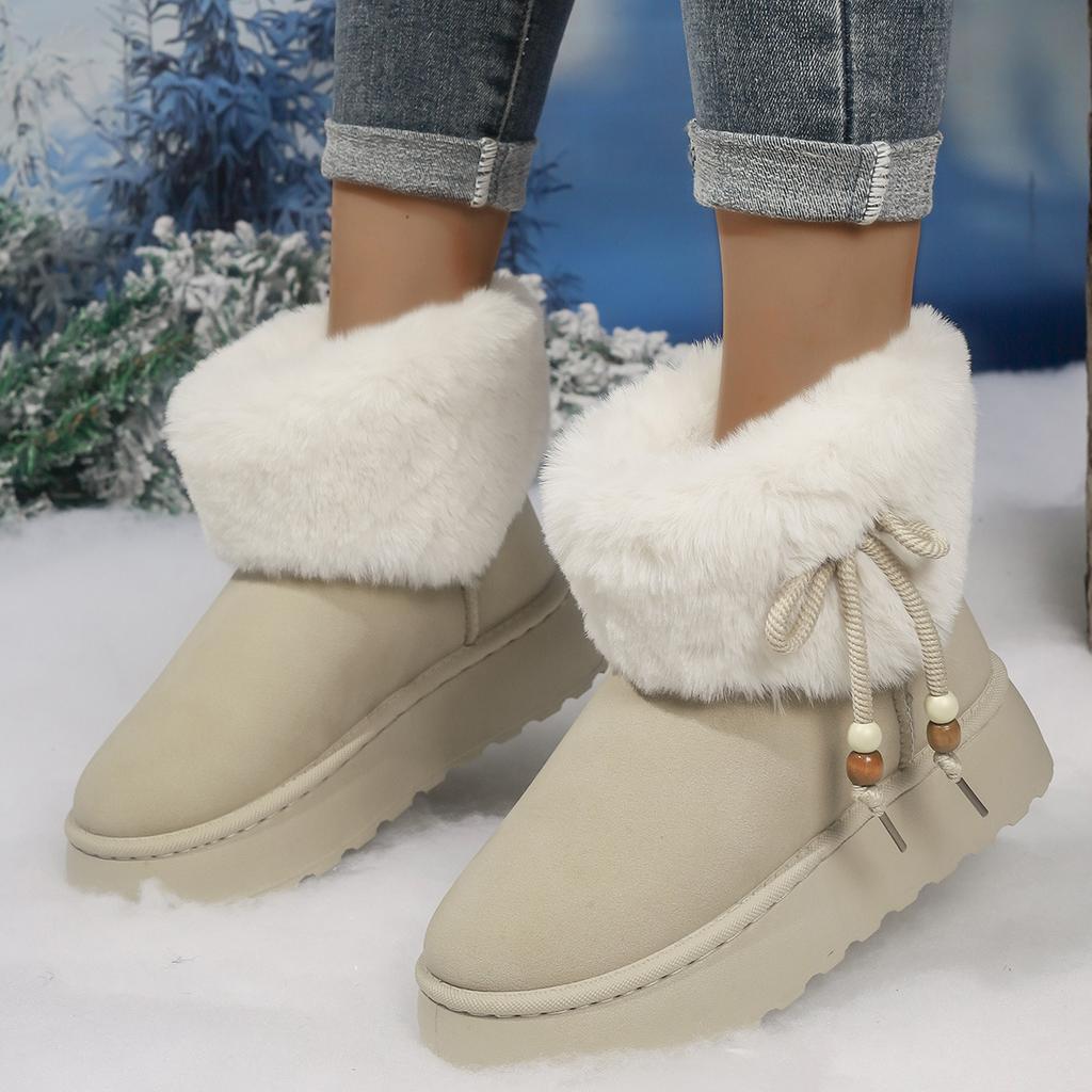 Damen Fellige Schneestiefel mit Schleife & Perlen, Plüschgefütterte Winterstiefeletten, Outdoor Knöchelstiefel auf Lager