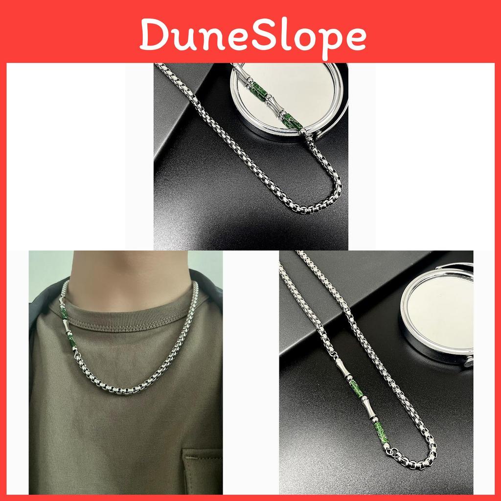 Stainless Steel Geometric Necklace For Men With Green Bamboo Beads Handmade Vintage Style