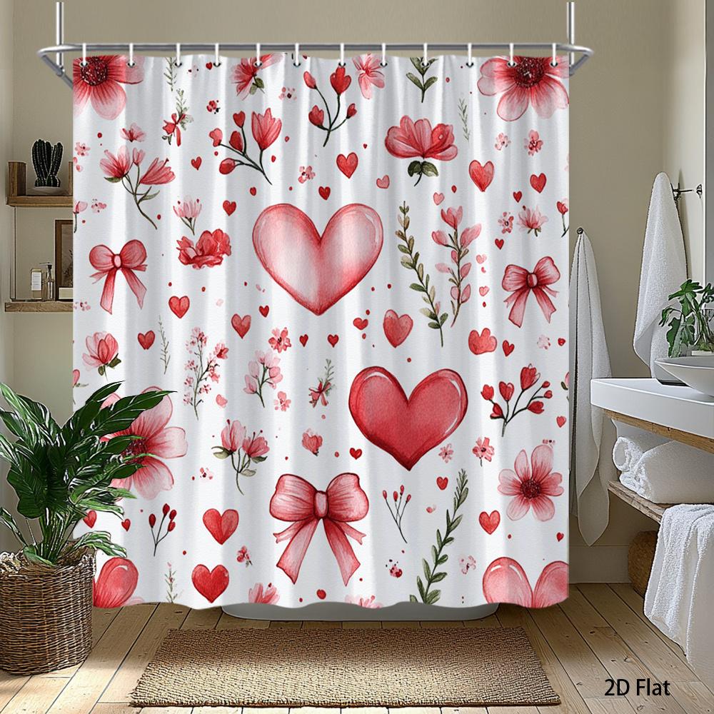 1Pc Heart-Shaped Bow Patterned Shower Curtain, Machine Washable Fabric, With Hooks, Suitable For Bathroom Decoration.